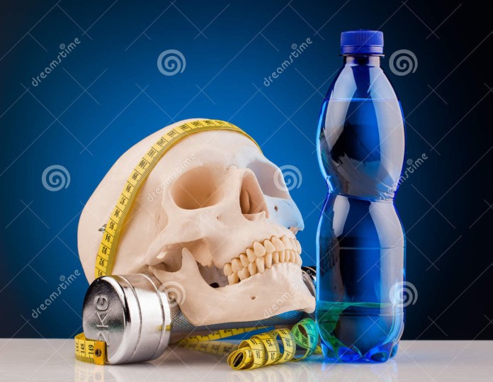 human-skull-fitness-dumbbells-bottle-water-blue-background-36369475